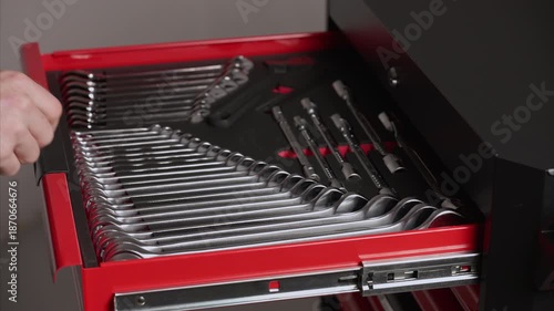 Mechanic selecting wrench from organized tool drawer