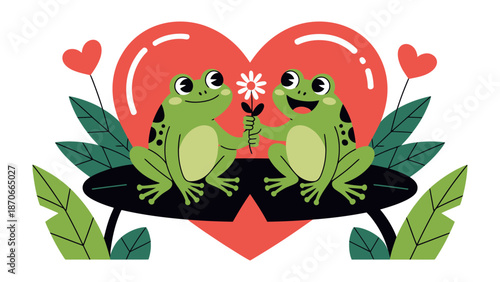 Frogs in Love: Two cheerful frogs exchanging a daisy, framed by a giant heart, surrounded by lush green leaves, expressing the essence of affection and romance.