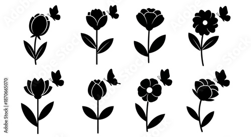 Flower Set Silhouette Design Featuring Floral Nature Blossom Plant Icon Summer Spring Season Illustration Isolated Vector for Decoration and Graphic