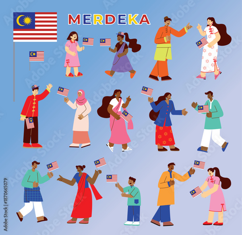 Corporate style Merdeka Malaysia day celebration group of people set illustration