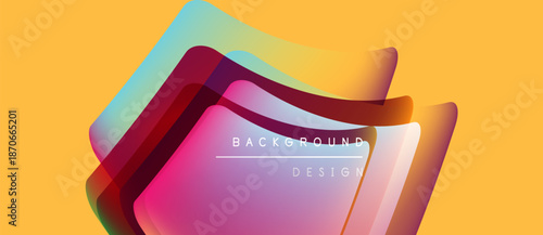 Abstract colorful layers overlap, creating dynamic visual effect. Yellow backdrop complements vibrant shapes, text present.