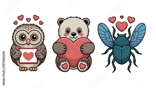 Adorable Trio of Valentine's Day Icons: A whimsical collection of cute creatures: an owl holding a love letter, a panda cradling a heart, and a beetle with wings of affection.