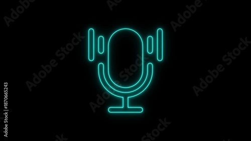 Glowing neon microphone with sound waves on black background for podcasting voice recording or music concept