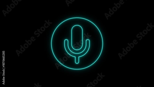 Glowing neon microphone in circle on black background for voice assistant technology and audio recording concepts