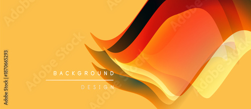Abstract fluid shapes overlap, creating dynamic warm color gradients. Yellow background complements orange, red elements. Modern design.