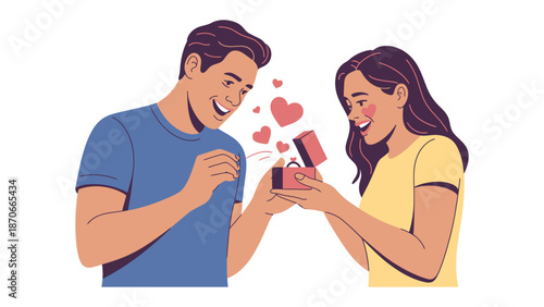 A Special Moment: A joyous couple shares a beautiful moment with a ring, with hearts floating in the air, symbolizing the purest expression of love and commitment.