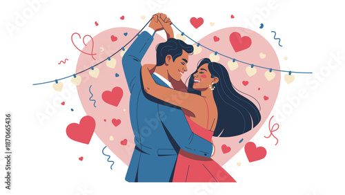 Dancing in Love's Embrace: A couple shares a tender moment as they waltz together in front of a backdrop adorned with hearts, signifying love, connection, and affection.