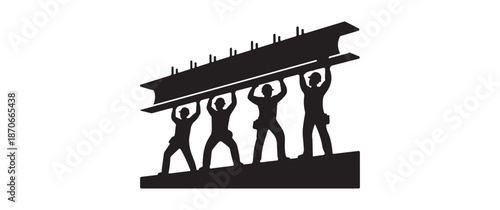 Silhouette of Manual Workers Carrying a Structural Beam at a Building Construction Job Site