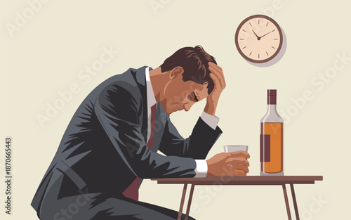A businessman sits at a table, distressed and contemplating, with a bottle of liquor and a glass, as time passes on the clock above.