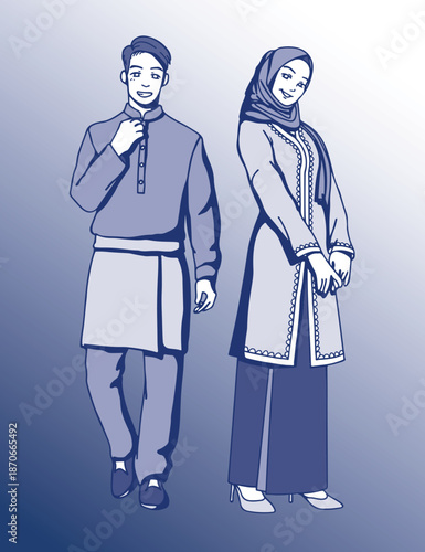 Malay traditional wear clothes couple adult apparel attire melayu vector muslim islam