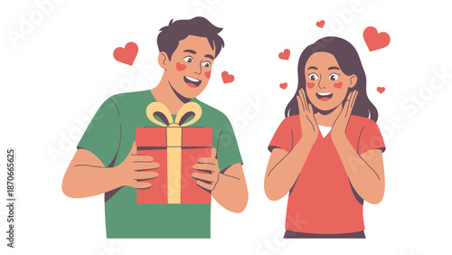 Romantic Present: An animated depiction of a tender moment. A man offers a wrapped gift to an excited woman, the air filled with love's playful touch