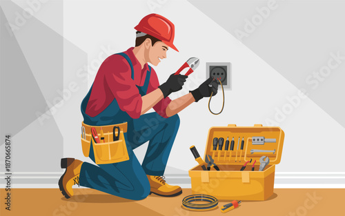 Electrician working on an electrical outlet with tools in a toolbox