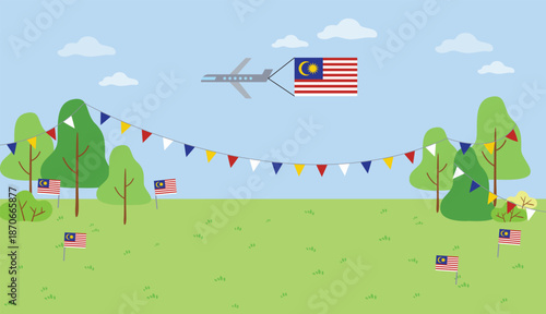 Merdeka Malaysia Independence day celebration crowd in traditional clothings plane fly happy day park view background