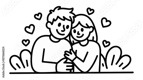 Eternal Bond: An illustration portraying an intimate embrace of a loving couple, with hearts floating in a symbol of love and affection.