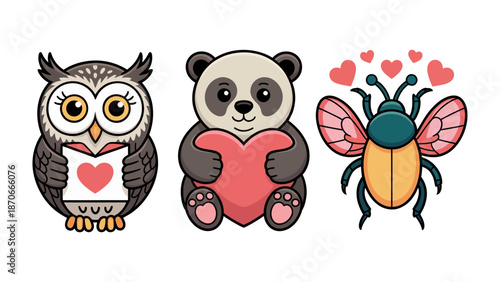 Lovely Trio: A charming owl, adorable panda, and cute beetle, each radiating affection and joy, as they share hearts and spread love.