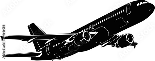 Black silhouette of a commercial passenger airplane flying upwards on a white background, isolated jet aircraft taking off for travel.