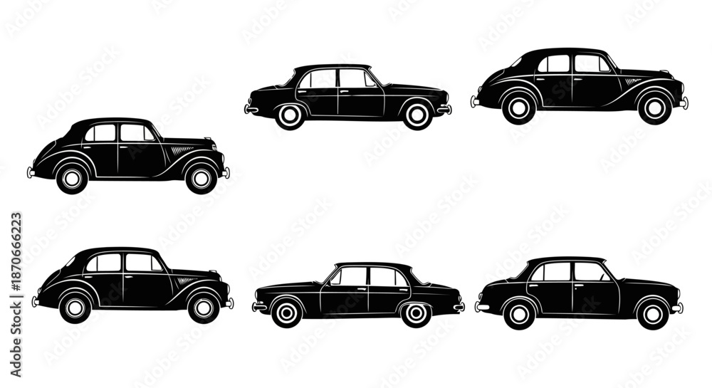 Fototapeta premium Classic Car Silhouette Collection Vector Illustration Vintage Automobile Auto Vehicle Transport Isolated on White Background Design Element Old School Style Retro Look