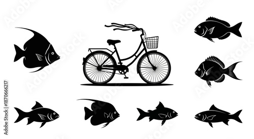 Fish Silhouette Collection: Angelfish, Bicycle Design Vector Art Graphics for Marine Life, Recreation, and Transportation Themes on White Background