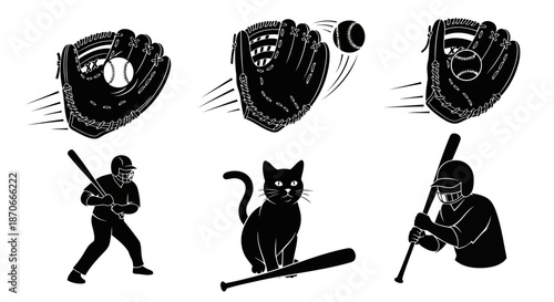 Baseball Set Vector Illustration Collection of Glove Catching Ball Silhouette Batter Cat with Bat Isolated on White Background Sport Equipment Athlete Domestic Animal Game Training
