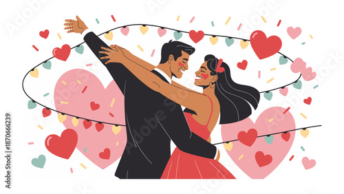 Romantic Dance Under the Hearts: a couple embraces in an enchanting dance, surrounded by the warmth of festive lights and floating heart, encapsulating the essence of love and celebration.