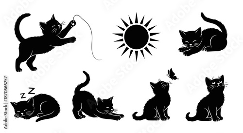 Cute Cat Silhouette Collection Vector Illustration Playing Sleeping Sitting Stretching Sun Isolated on White Background Feline Pet Domestic Animal Kitten Cartoon Style