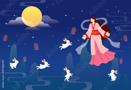 Chang Er with rabbit legend story Mid autumn festival mooncake reunion tsukimi chuseok lantern moon viewing night togetherness tet full moon