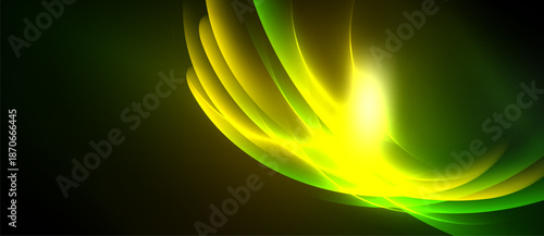 Bright yellow, green energy flows. Abstract design evokes movement, light radiating from central point against dark backdrop.