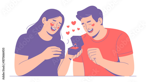 Heartfelt Proposition: A tender moment unfolds as a man presents a sparkling ring to a woman, surrounded by floating hearts, evoking the emotions of love and commitment.