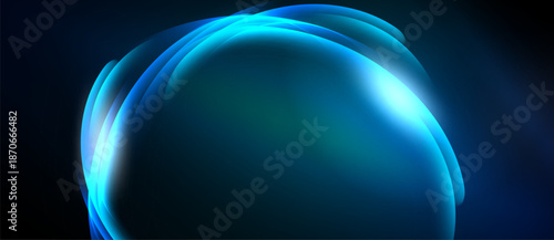 Abstract blue swirls create luminous orb. Soft gradients suggest depth, light, energy. Dark background emphasizes bright focal point.
