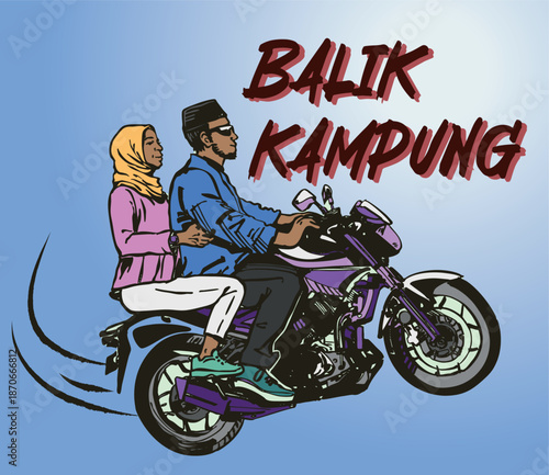 Hari raya aidilfitri malay balik kampung family couple on motorcycle bike travel. 'back hometown' in Malay