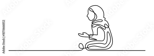 Simple line art illustration of young muslim girl in islamic prayer