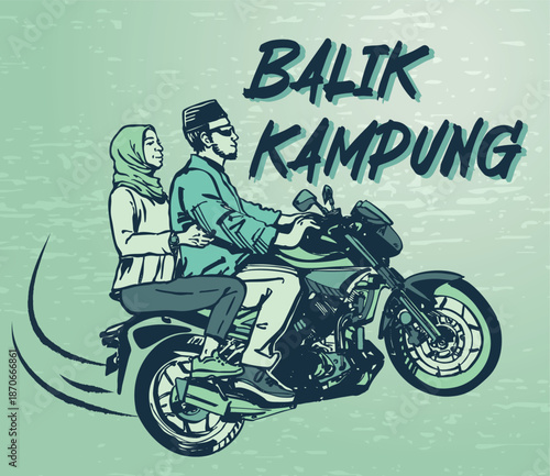 Hari raya aidilfitri balik kampung malay couple family on motorcycle bike travel. 'back hometown' in malay