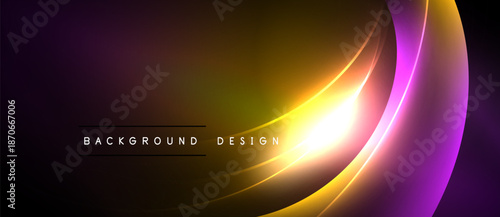 Abstract background features vibrant curves, gradients. Gold, purple, pink hues dominate dark space. Text reads background design.