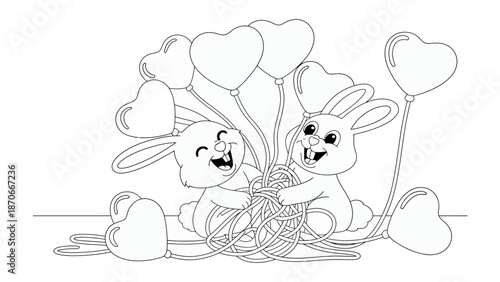Bunny Love with Heart Balloons: Two adorable bunnies, embracing a shared moment of playful joy, with heart-shaped balloons that represent the love and affection.