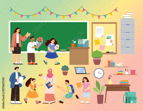 Happy Teacher's Day people set element decoration classroom study student 