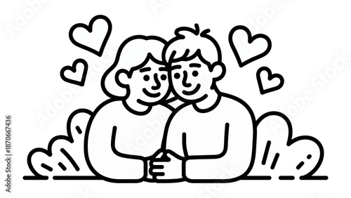 Affection's Embrace: An intimate illustration of a couple, their figures entwined and hearts symbolising love. Capturing the simplicity and emotional depth of connection.