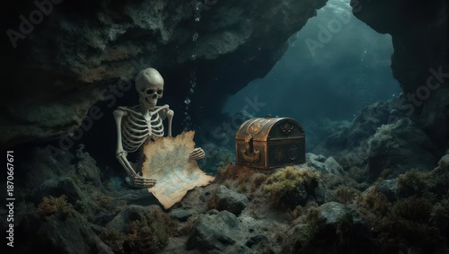 Sunken treasure discovered by a skeleton in an underwater cave.