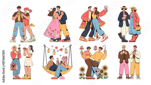 Love in Every Scene: A vibrant collection of illustrations depicting various couples, each moment frozen in the delightful dance of affection and connection. Capturing the spirit of unity, love.