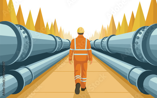 Worker in orange uniform walking between large industrial pipes in a forest environment