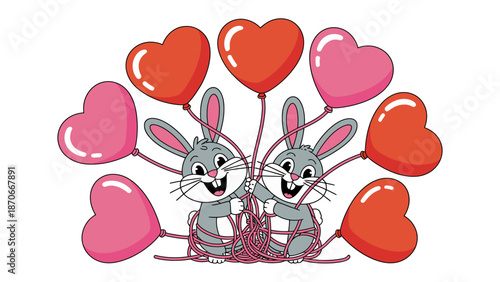 Bunnies of Love: Two charming bunnies joyfully embrace each other, surrounded by a constellation of heart-shaped balloons, celebrating love and affection in a whimsical scene.