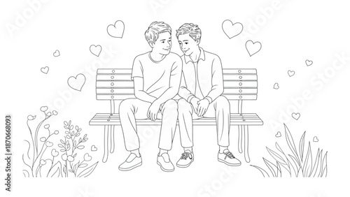 Love's Embrace: Two individuals find solace and connection on a bench amidst the delicate dance of hearts, a testament to the beauty of companionship and affection.