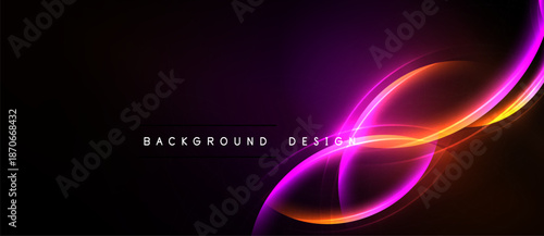 Abstract vibrant lines form flowing shapes. Purple, orange hues dominate dark background. Text reads background design. Modern, dynamic visual.