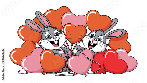 Love's Sweet Bunnies: Two adorable bunnies, surrounded by heart-shaped balloons, share a moment of sweet affection, creating a whimsical scene of love and joy.