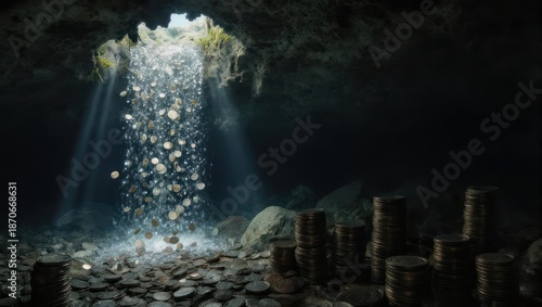 Sunlight Illuminates Treasure Trove in Dark Cave.