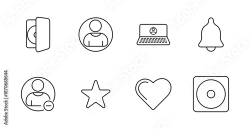 Profile set icon. ID card, user avatar, laptop login, bell, remove user, star, heart, disc, account, rating, favorite, notification, identity, contact, profile.