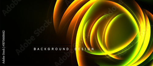 Abstract dynamic lines, vibrant yellowgreen hues, flowing curves. Dark background emphasizes bright central design element. Modern aesthetic.
