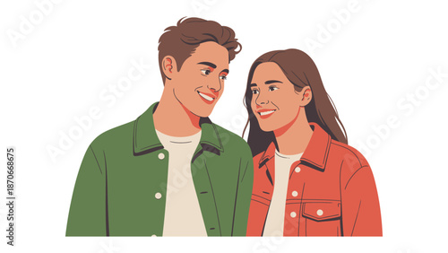 Smiling Couple: A young couple gazes lovingly at each other, their faces alight with a warm and intimate connection, showcasing a bond of affection.