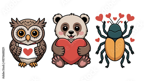 Animal Love Trio: Delightful cartoon characters, a wise owl, a cuddly panda, and a lovely beetle, each expressing affection with hearts, embodying the spirit of love and friendship.