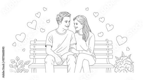Couple's serene moment: A tender moment of connection between a couple seated on a bench, hearts float in the air, capturing a serene mood.