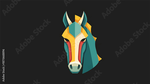 Geometric horse head illustration with vibrant colors and artistic design on dark background.